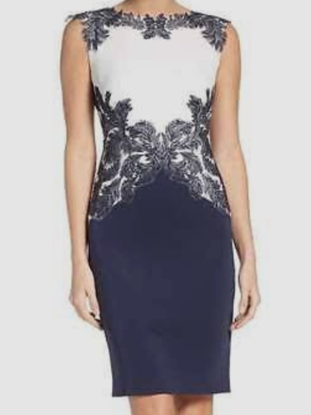 Tadashi Navy and White Floral Sheeth Dress with Chiffon Scarf Size Petite Small